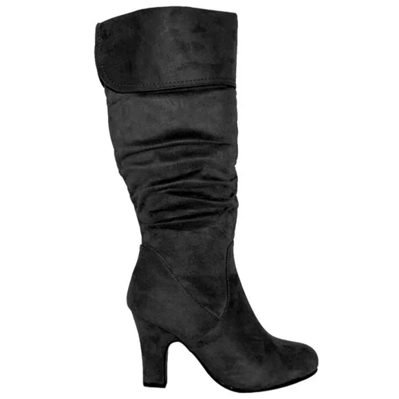 Women's Fold-Over Shaft Slouch Knee-High Suede Boots | Side Zip | Slim Heel - Picture 8 of 9